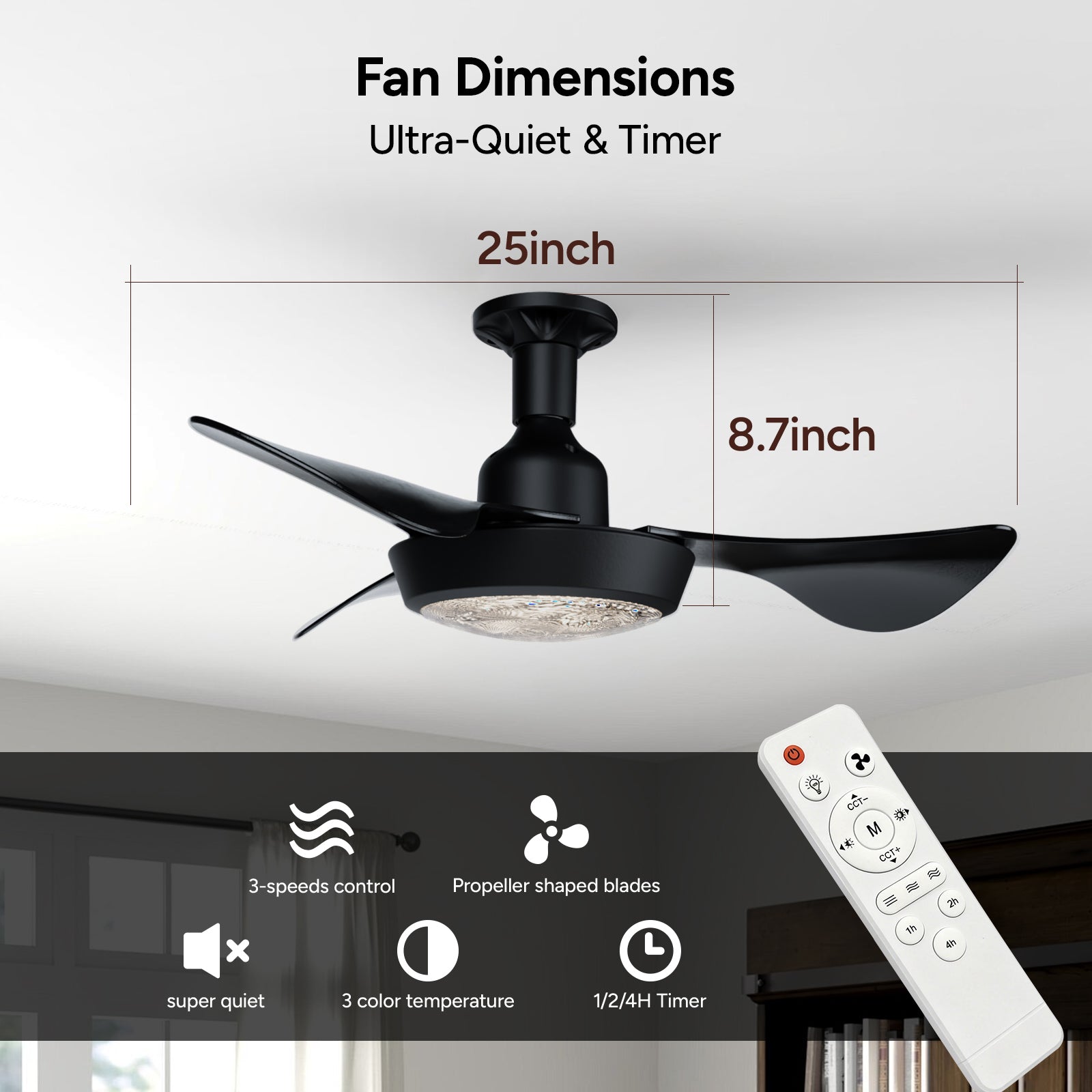 Faryuan 25'' Sleek Black Ceiling Fan with Integrated LED Light, 3-Blade Modern Design, Remote Control & Timer, 30W Dimmable Lighting