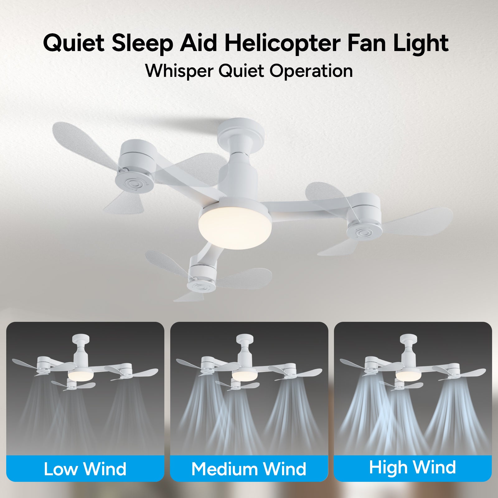 Faryuan 27 Inch Drone-Inspired Socket Fan Light with Remote, 3-Head Foldable Screw-in Ceiling Fan, 3-Color Dimmable LED & 3 Speeds, Modern Bulb Fan for Bedroom