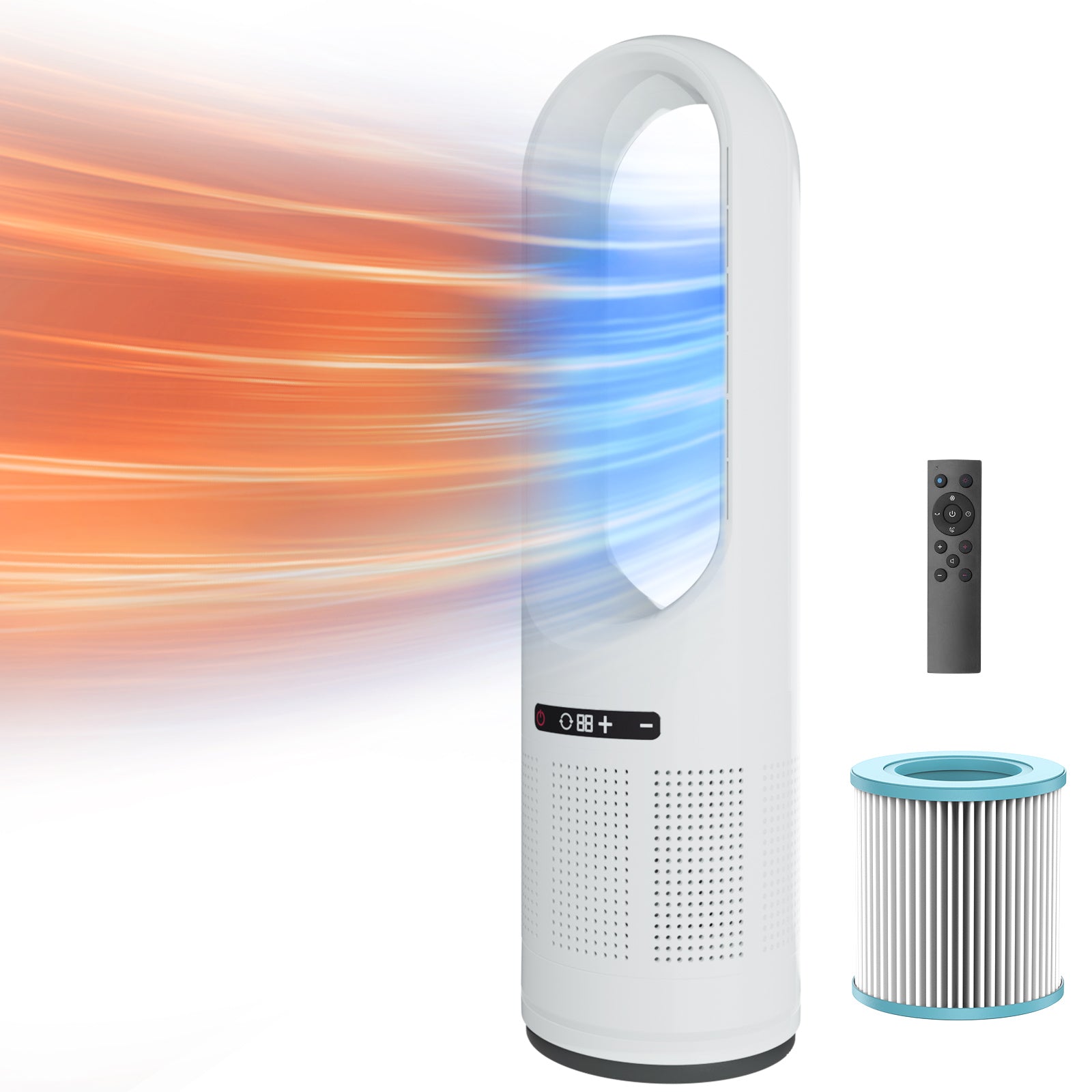 046JR White Large Heater Fan 31.5Inch Cooling & Heating Bladeless Tower Fan with Air Purifier for Home