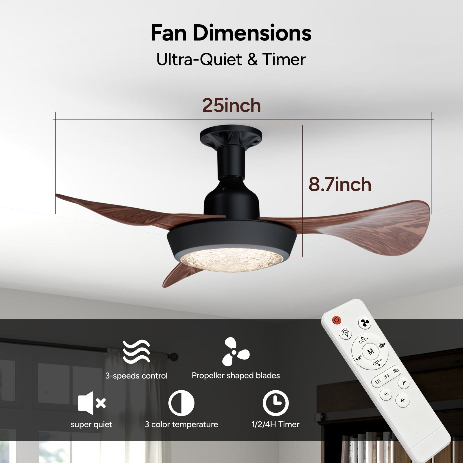 25 Inch Ceiling Fan with Light and Remote, Modern Walnut Wood Blades, Sparkle Crystal Cover, Quiet DC Motor, Bedroom Ceiling Light Fan for Home
