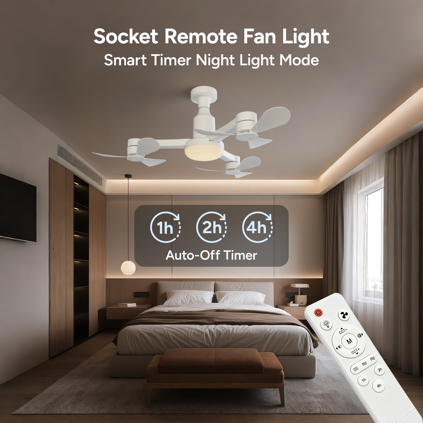 Faryuan 27 Inch Drone-Inspired Socket Fan Light with Remote, 3-Head Foldable Screw-in Ceiling Fan, 3-Color Dimmable LED & 3 Speeds, Modern Bulb Fan for Bedroom