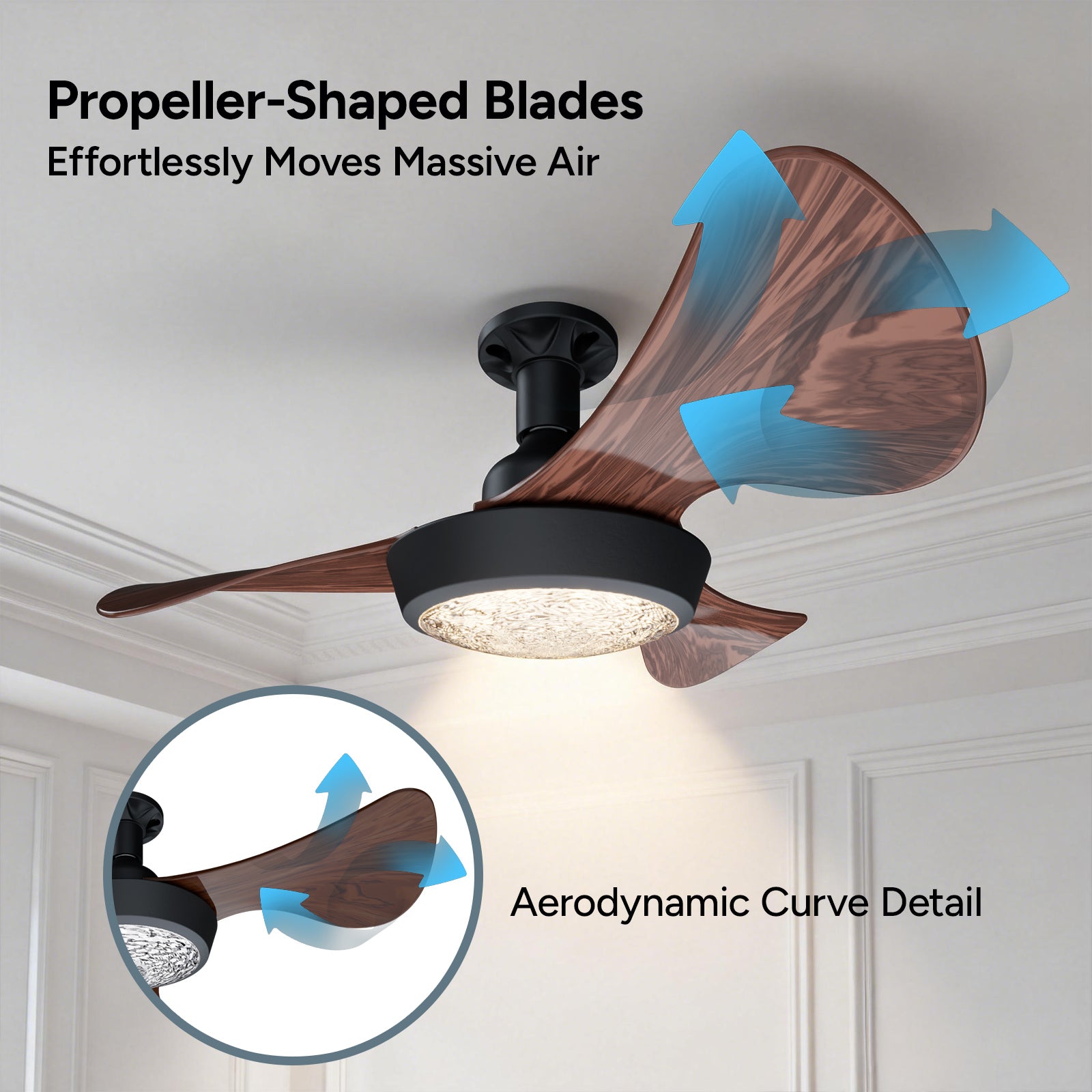 25 Inch Ceiling Fan with Light and Remote, Modern Walnut Wood Blades, Sparkle Crystal Cover, Quiet DC Motor, Bedroom Ceiling Light Fan for Home