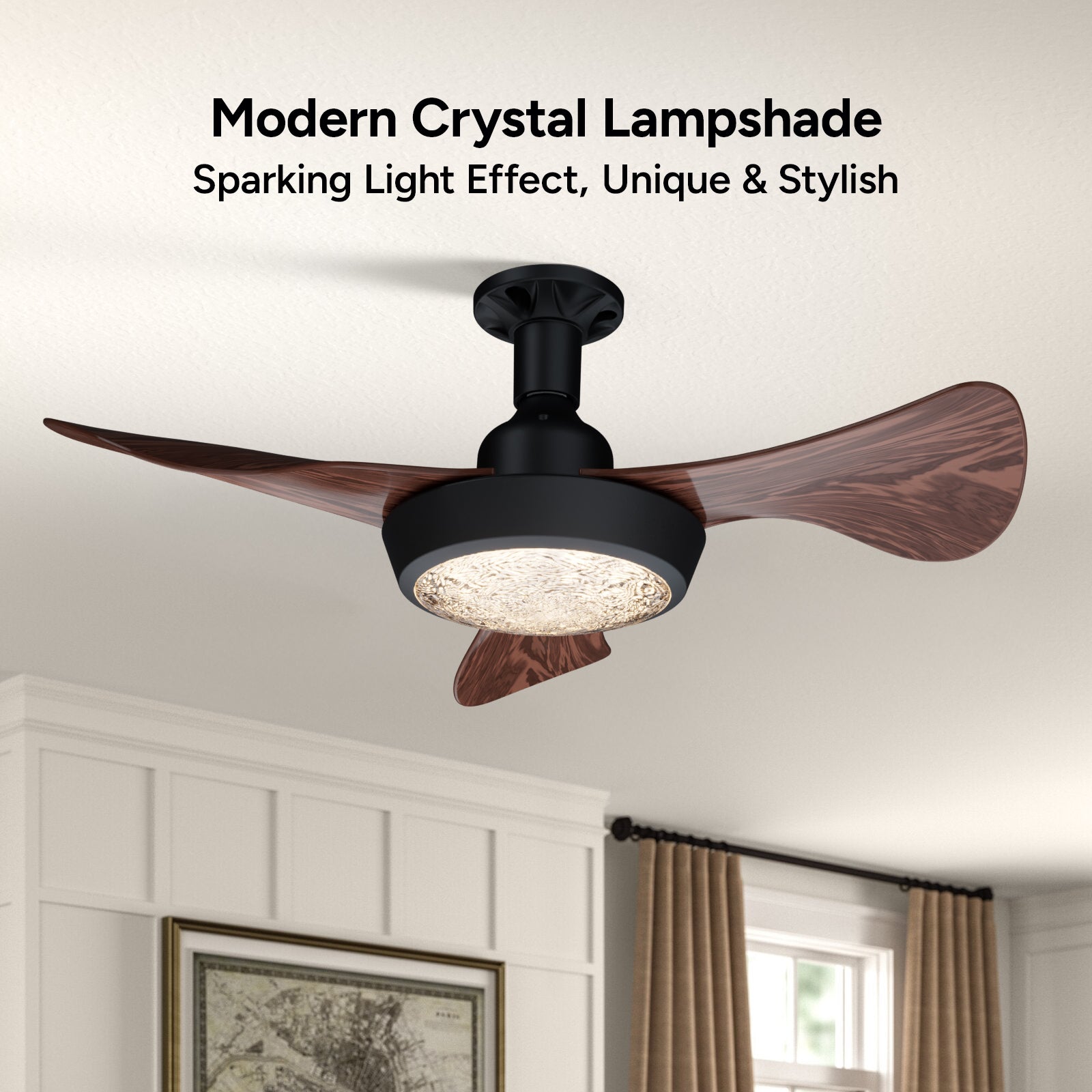 25 Inch Ceiling Fan with Light and Remote, Modern Walnut Wood Blades, Sparkle Crystal Cover, Quiet DC Motor, Bedroom Ceiling Light Fan for Home