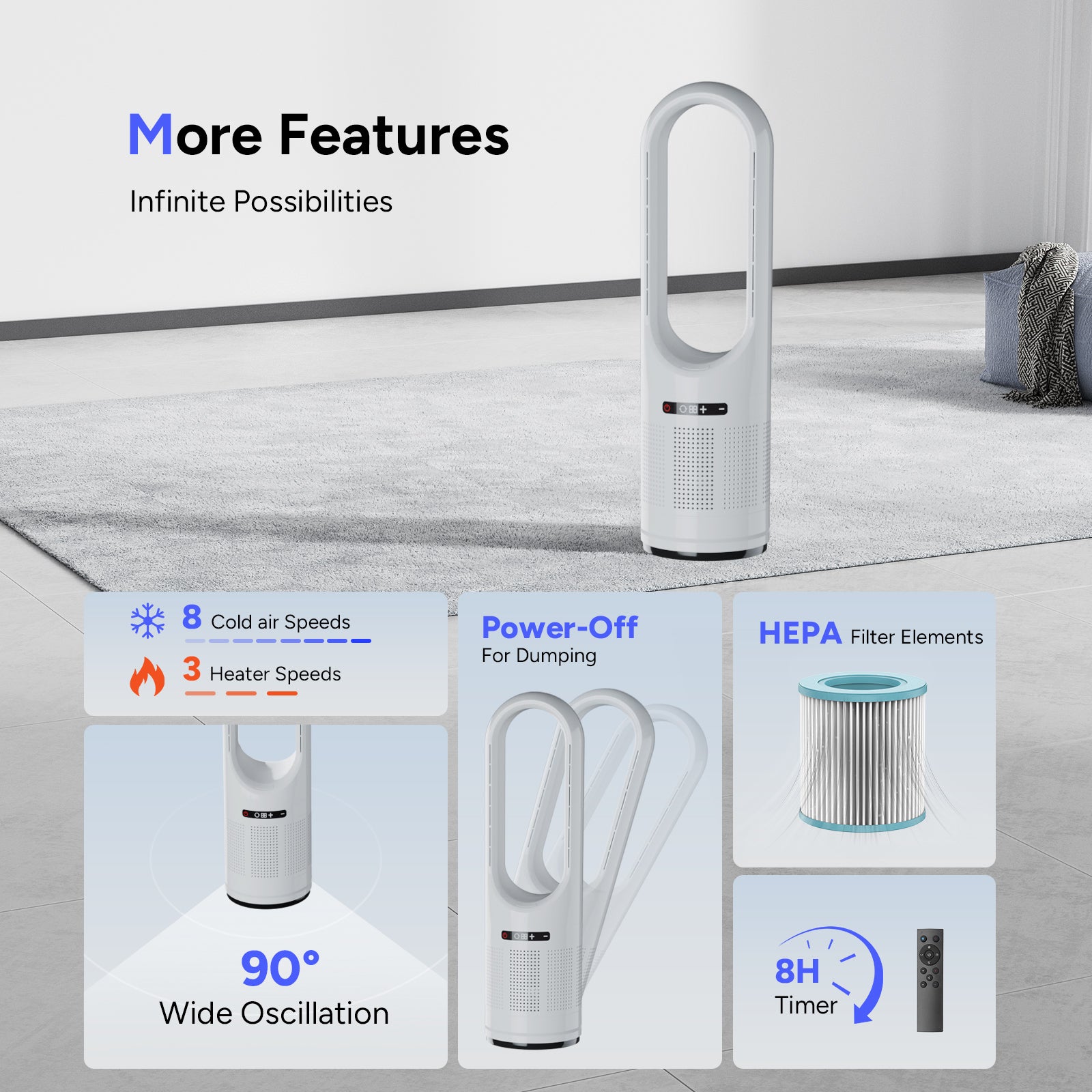 046JR White Large Heater Fan 31.5Inch Cooling & Heating Bladeless Tower Fan with Air Purifier for Home