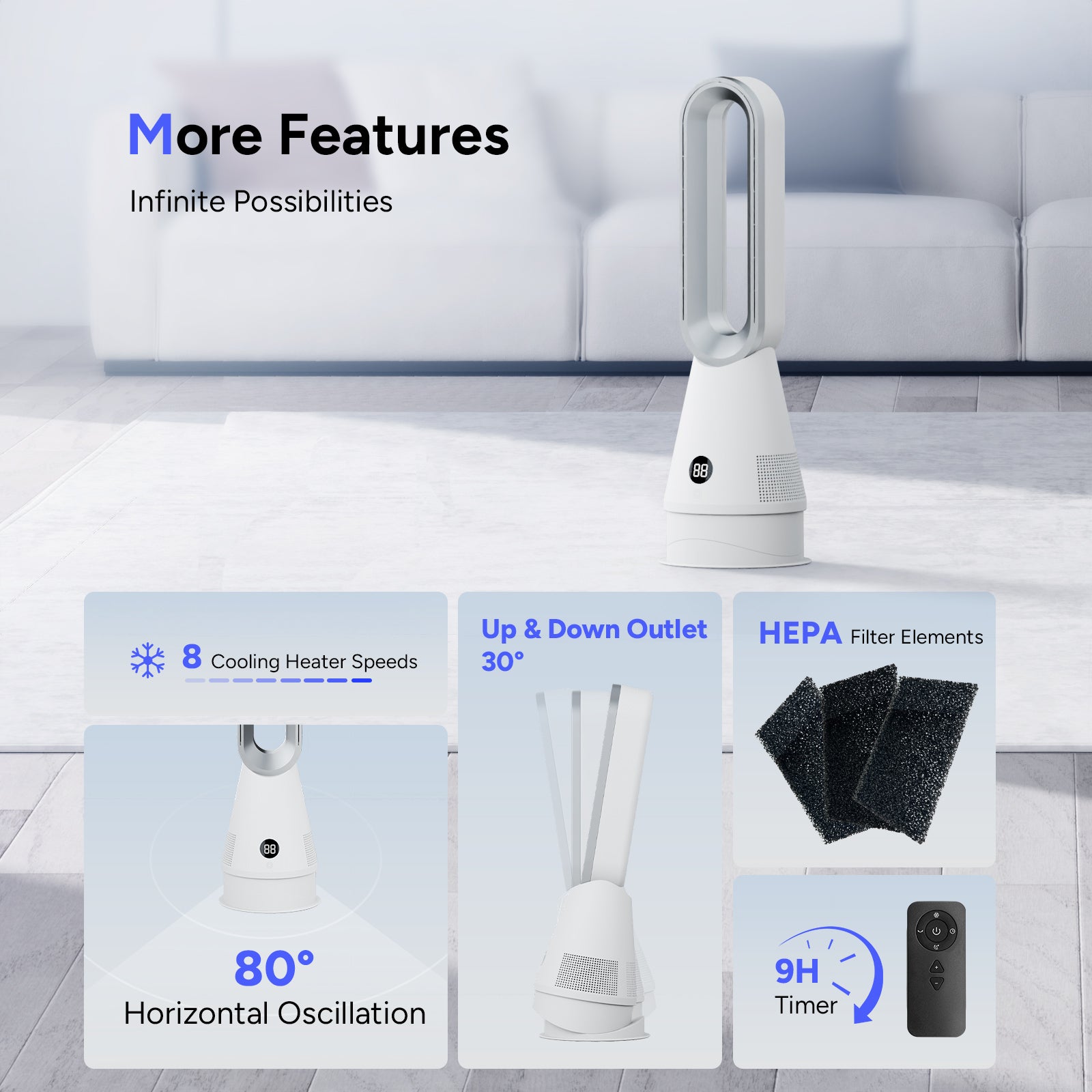 020L New Design Cooling Bladeless Fan Smart Home Tower Fan with Filter Air Purifier