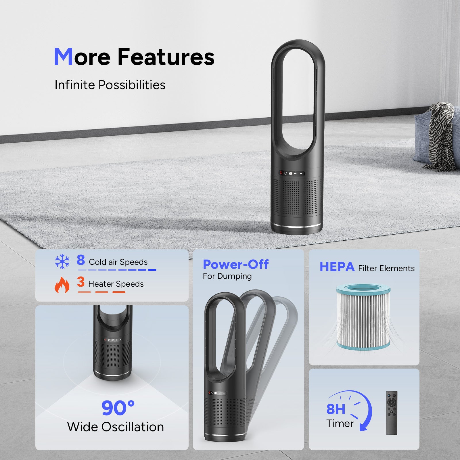 046JR Black Heater Large Bladeless Fan 31.5Inch Both Cooling & Heating  and Air Purifier Oscillating Tower Fan