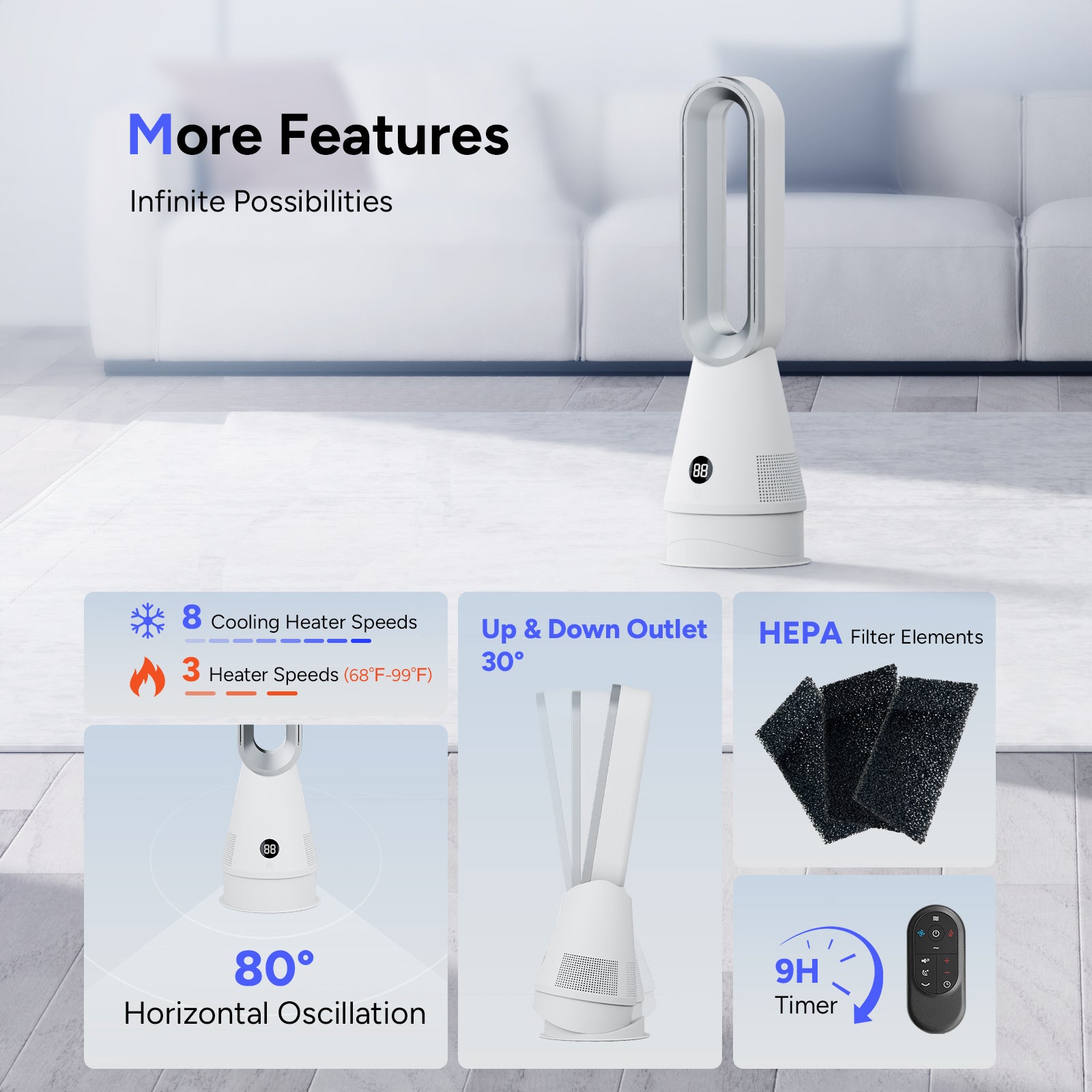 020LH Grey Red High Quality Noiseless Safety Air Cooler and Heater Bladeless Fan with Air Purifier Tower Fan