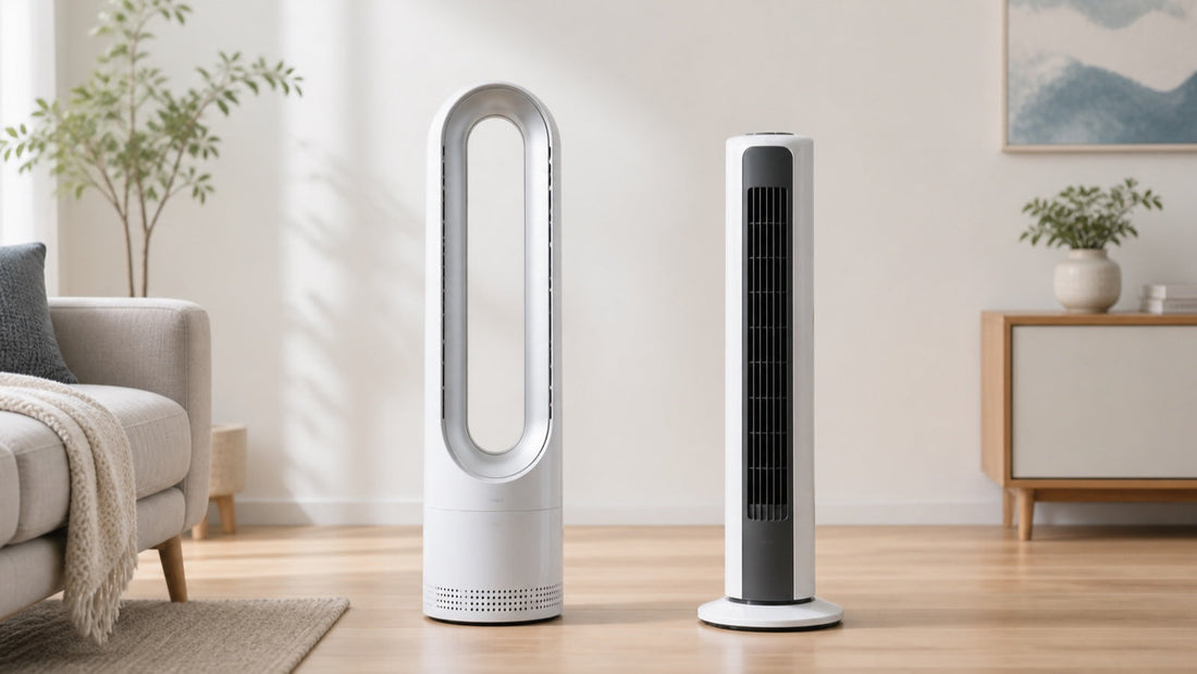Bladeless fan and traditional tower fan shown side by side in a living room