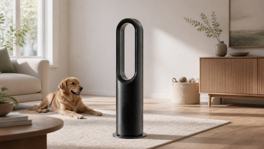 Black bladeless fan placed in a modern family living room with a dog resting nearby