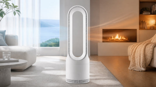 Cooling-only and heating-and-cooling bladeless fan comparison in a modern living room
