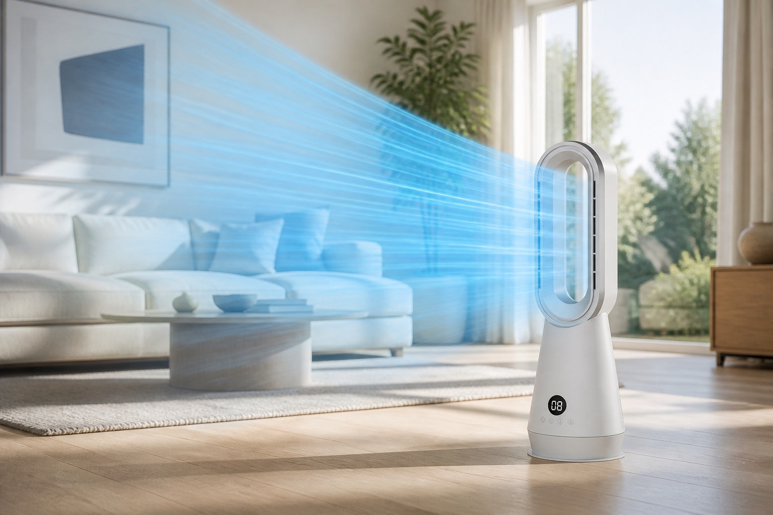 Faryuan 019LH projecting a broad pale-blue cooling airflow across a modern living room