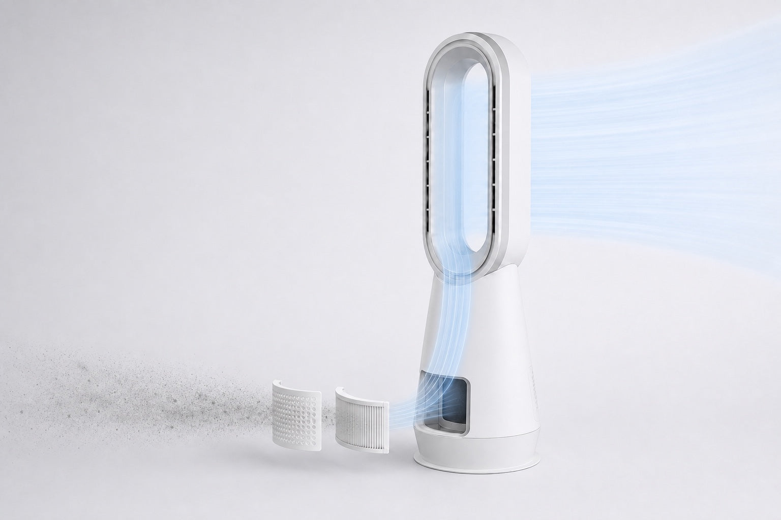 Dirty-air particles enter the compact rear-lower magnetic pre-filter and curved inner filter before filtered airflow rises through the Faryuan 019LH