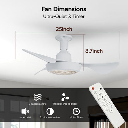 Faryuan 25" Minimalist White Ceiling Fan with LED Light, Remote Controlled Flush Mount, 3-Color Changeable, Quiet 3-Speed Fan