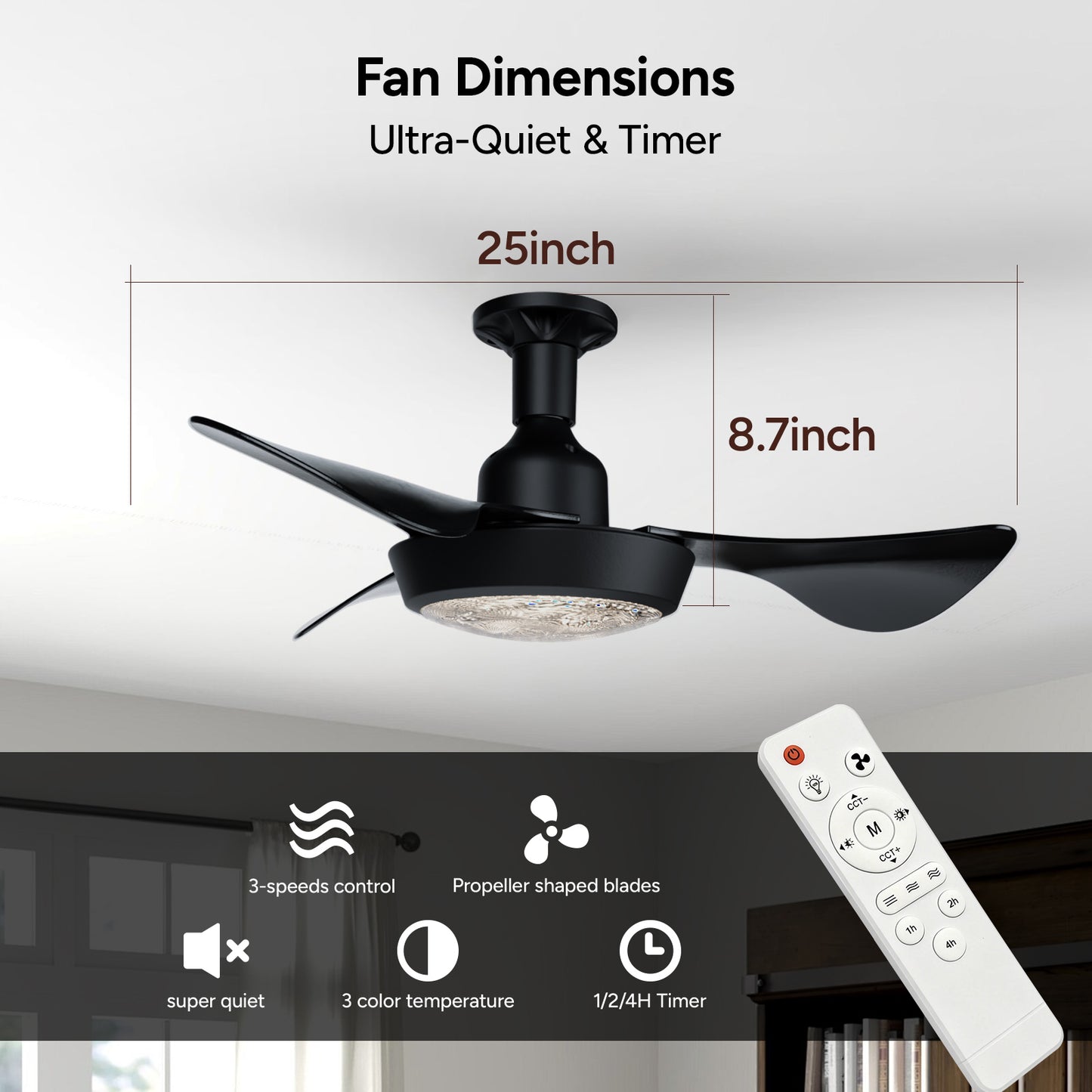 Faryuan 25'' Black Ceiling Fan with Integrated LED Light