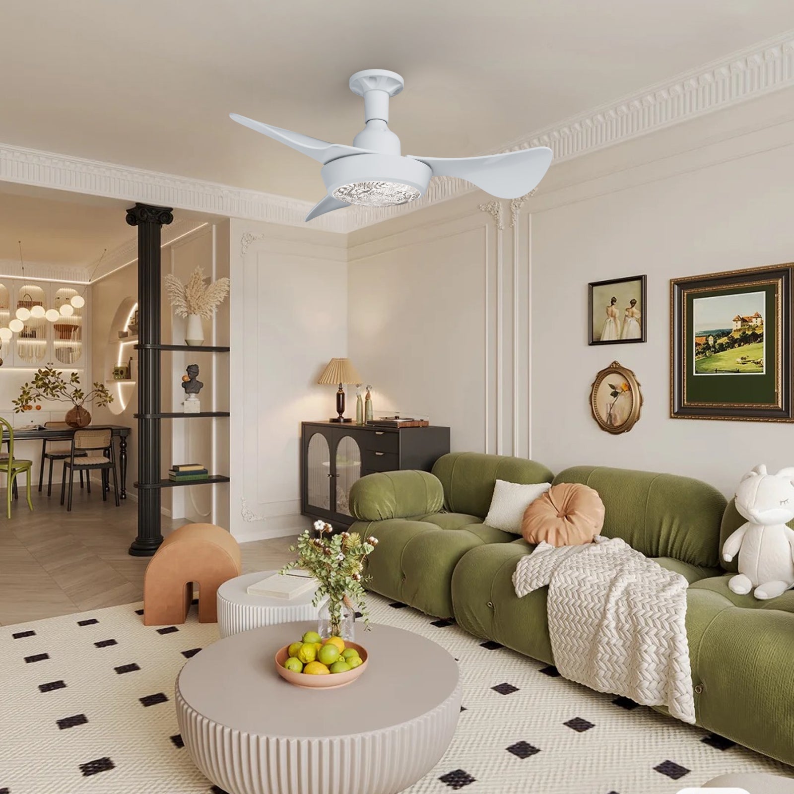 Faryuan 25" Minimalist White Ceiling Fan with LED Light, Remote Controlled Flush Mount, 3-Color Changeable, Quiet 3-Speed Fan