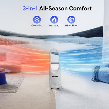 046JR White Large Heater Fan 31.5Inch Cooling & Heating Bladeless Tower Fan with Air Purifier for Home