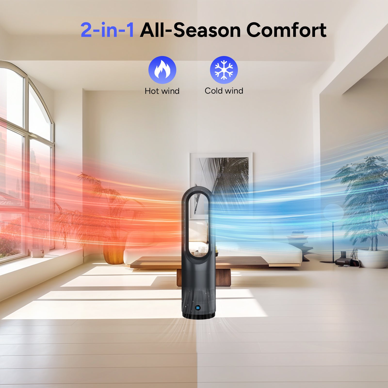 018JR Black Heating Medium 56cm/22.05inches Bladeless Fan with both Heating & Cooling Function Floor Heater Fan