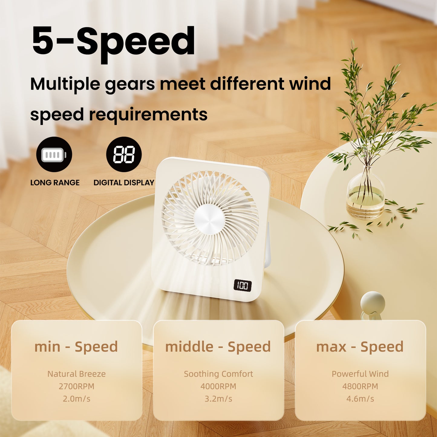 Petit ventilateur de bureau, rechargeable, pliable, portable, batterie 2000 mAh, 5 vitesses, support réglable, silencieux, USB, pour bureau, extérieur, maison