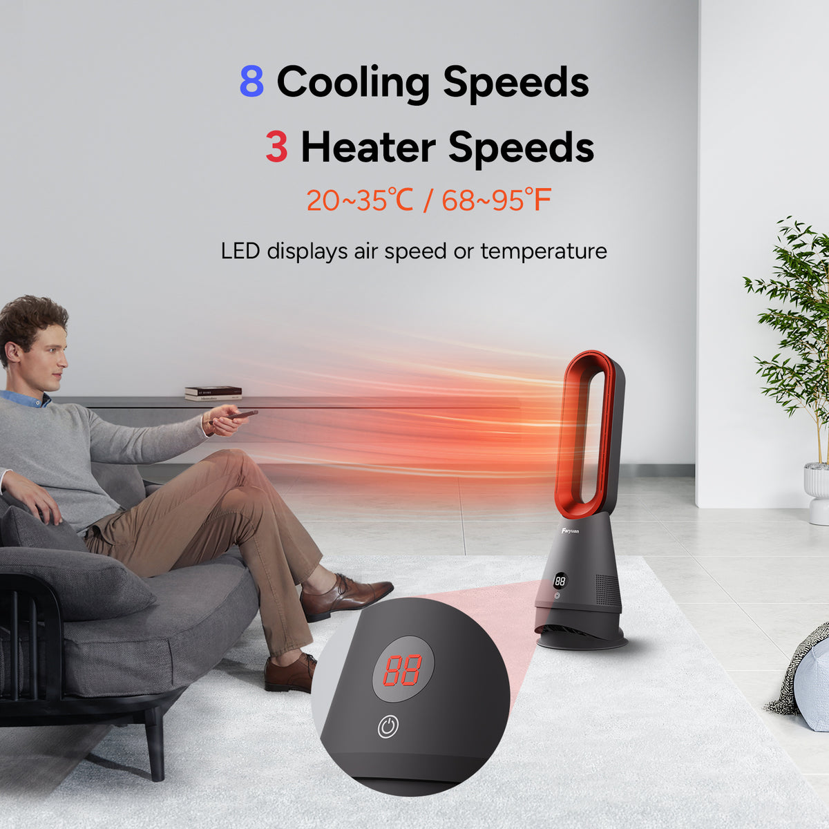 Faryuan 020LH Grey Red Bladeless Heater Fan with Filter