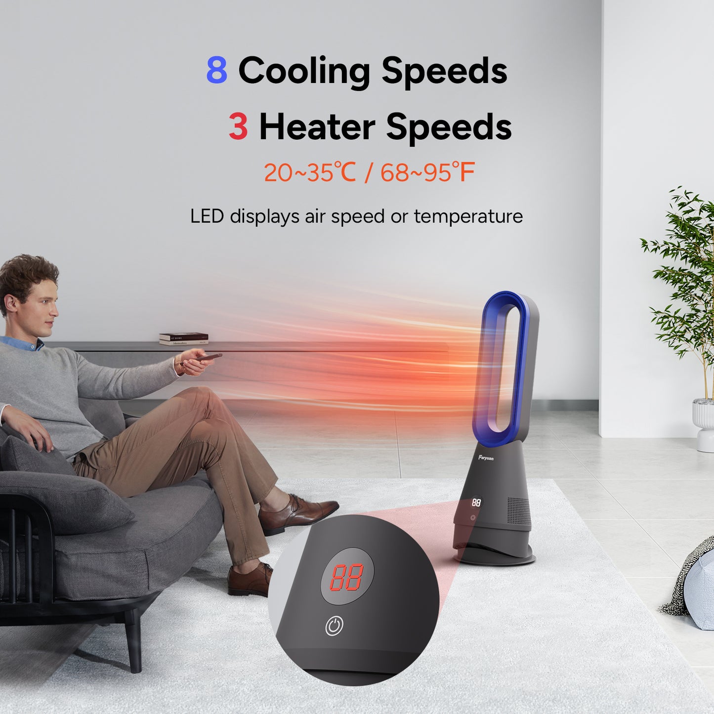 Faryuan 020LH Grey Blue Bladeless Heater Fan with Filter