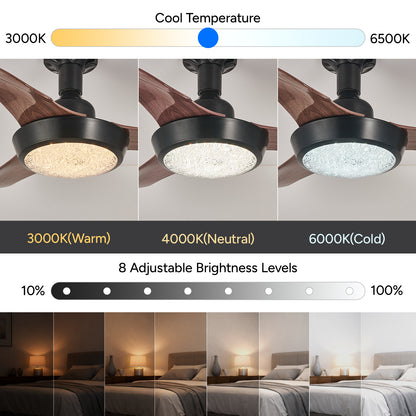 25 Inch Ceiling Fan with Light and Remote, Modern Walnut Wood Blades, Sparkle Crystal Cover, Quiet DC Motor, Bedroom Ceiling Light Fan for Home