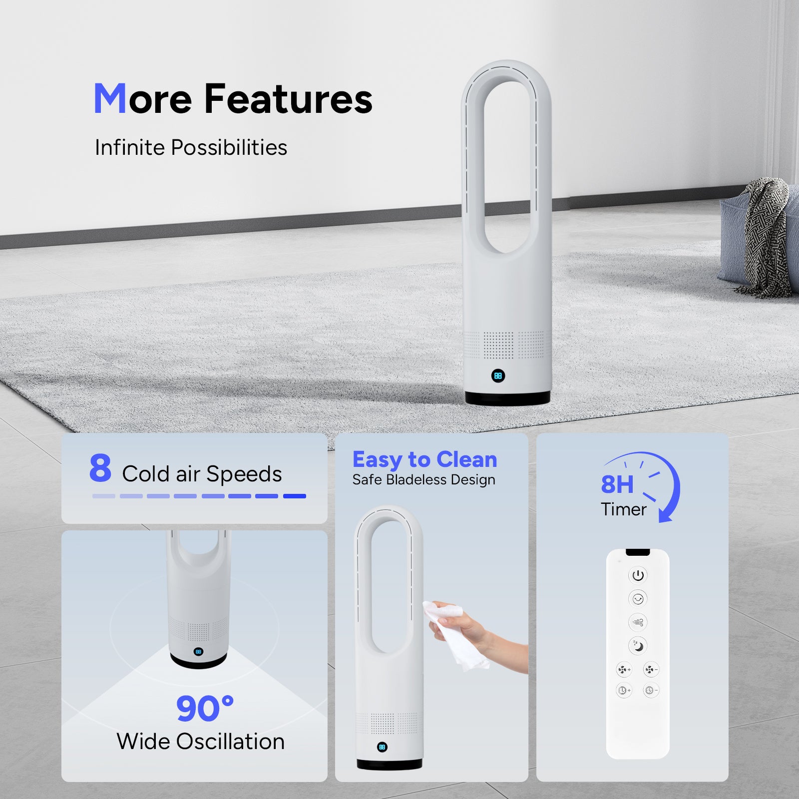 018 White Medium 56cm/22.05inches Bladeless Fan with Cooling Function Floor Fan with Remote Control