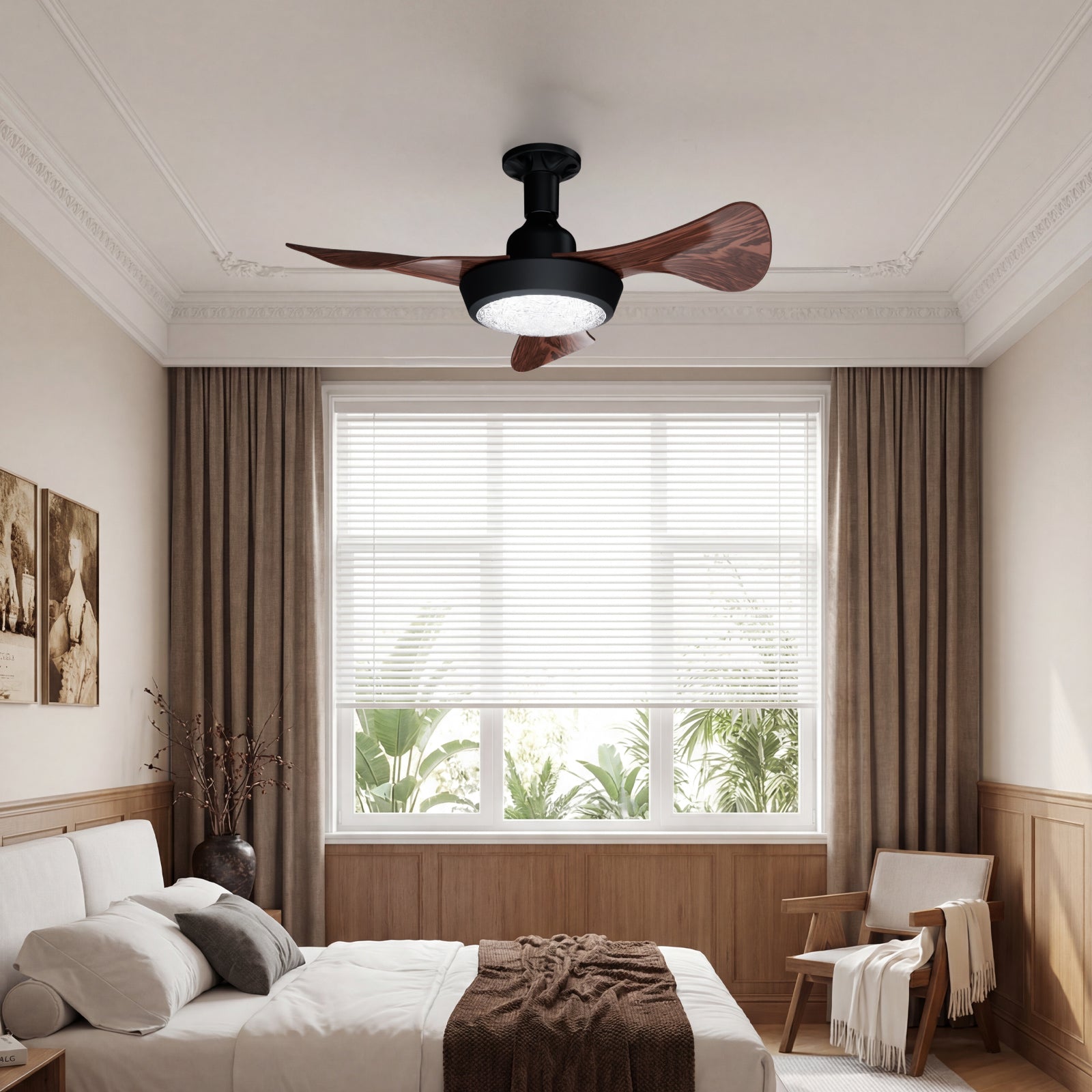 25 Inch Ceiling Fan with Light and Remote, Modern Walnut Wood Blades, Sparkle Crystal Cover, Quiet DC Motor, Bedroom Ceiling Light Fan for Home
