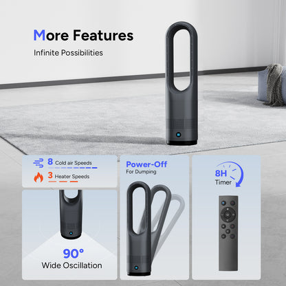 018JR Black Heating Medium 56cm/22.05inches Bladeless Fan with both Heating & Cooling Function Floor Heater Fan