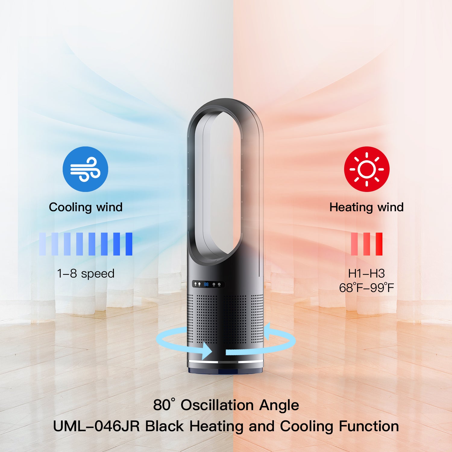 046JR Black Heater Large Bladeless Fan 31.5Inch Both Cooling & Heating  and Air Purifier Oscillating Tower Fan