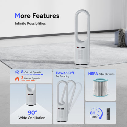 046JR White Large Heater Fan 31.5Inch Cooling & Heating Bladeless Tower Fan with Air Purifier for Home