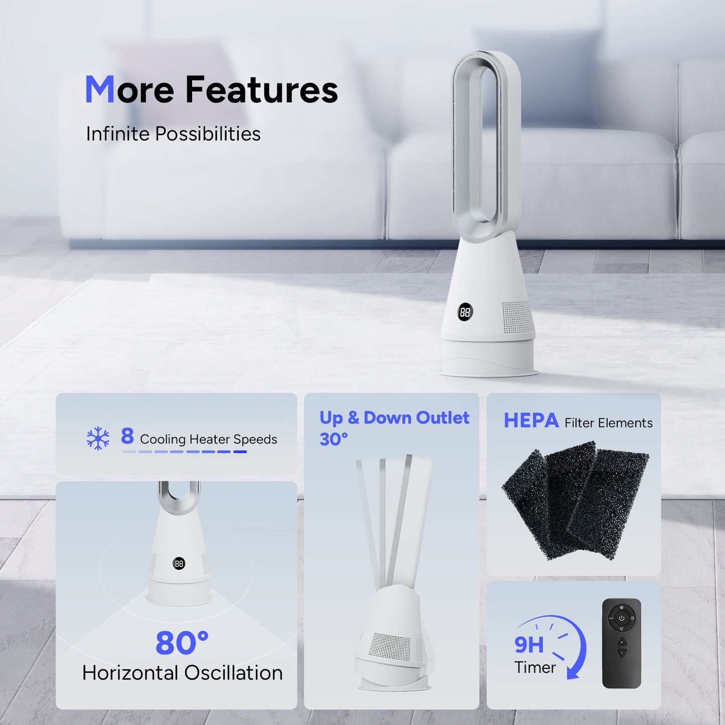 Ventilateur tour intelligent sans pales 020, nouveau design, avec filtre et purificateur d'air 