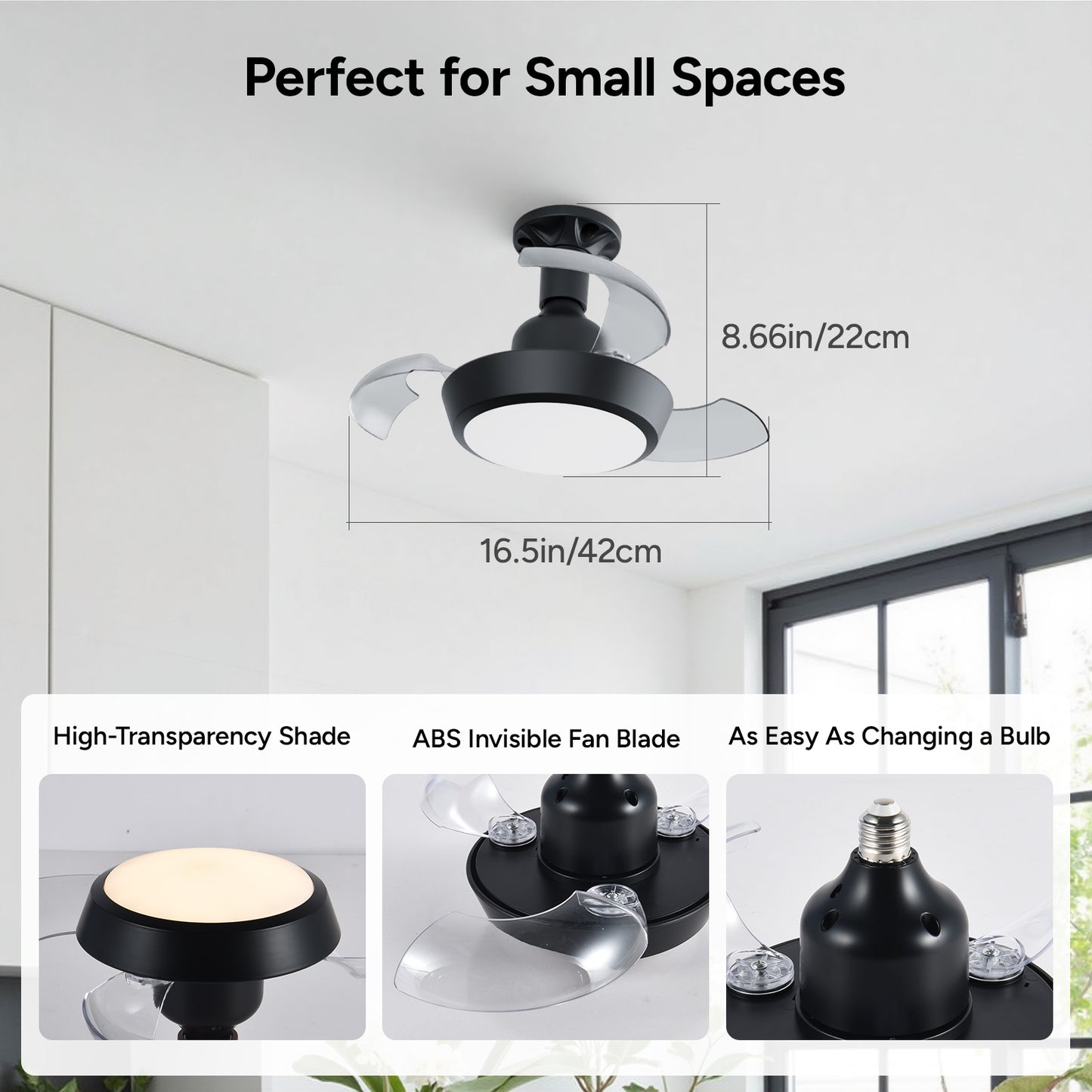 Faryuan 16.5" Invisible Foldable Ceiling Fan with LED Light