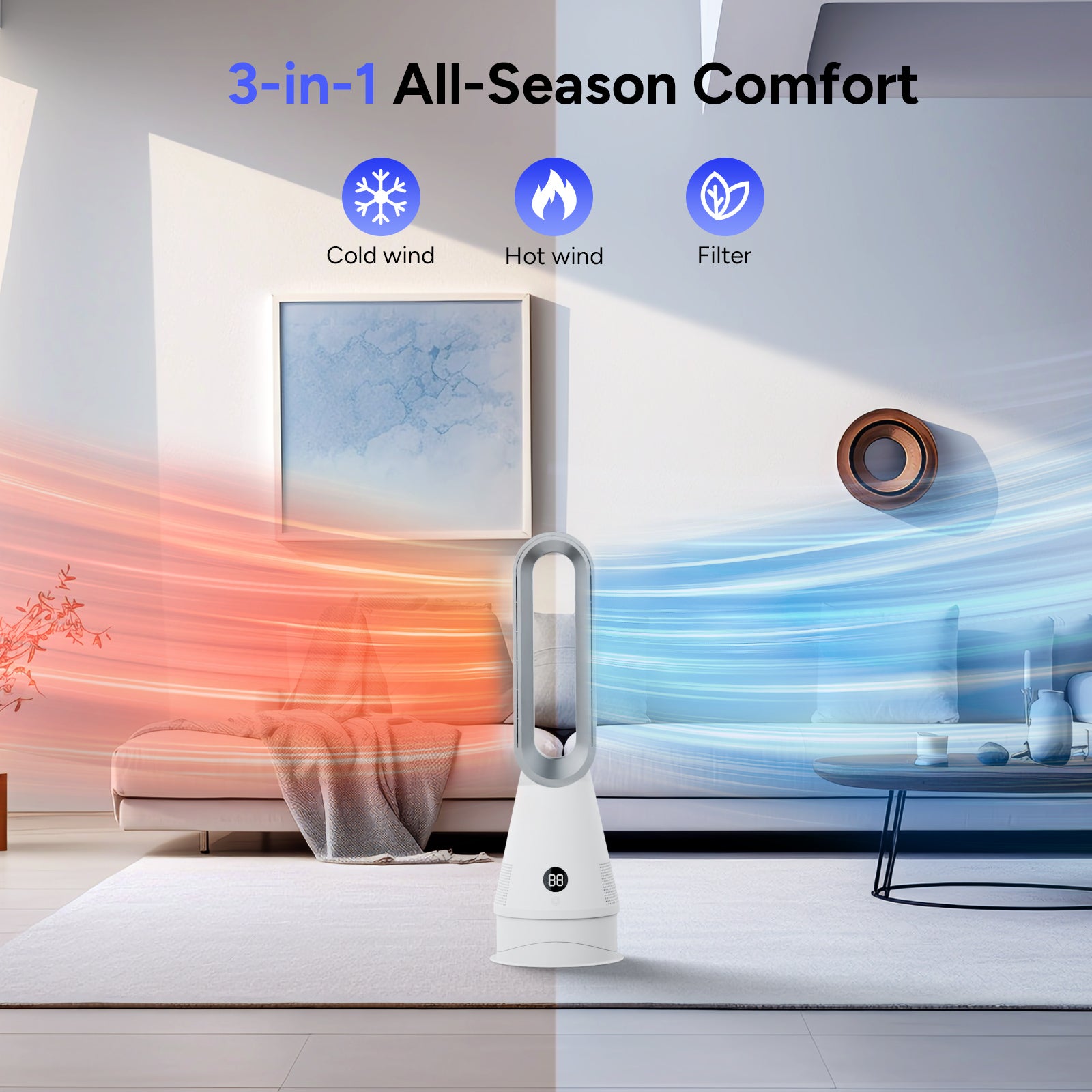 020LH Grey Blue Hot and Cool Bladeless Heater Fan With Remote